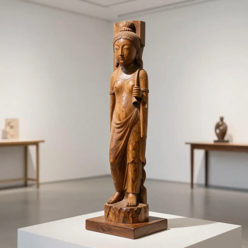 Hand-carved wooden sculpture featuring natural grain patterns