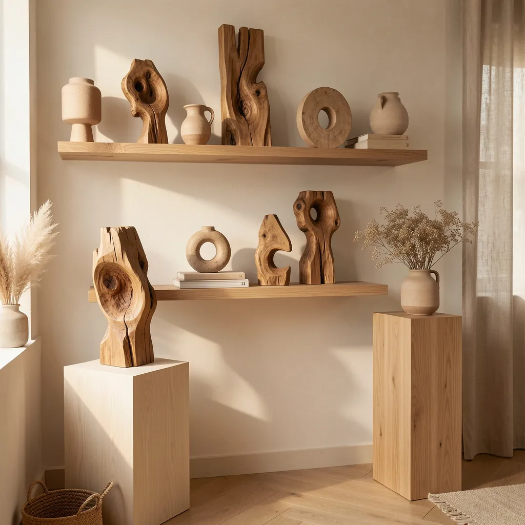 Traditional wood carving tools arranged on workbench