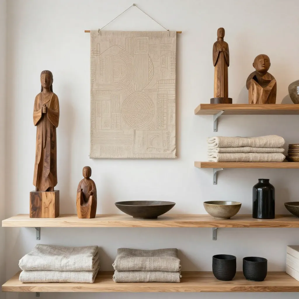 Entryway decorated with large wooden wall hanging